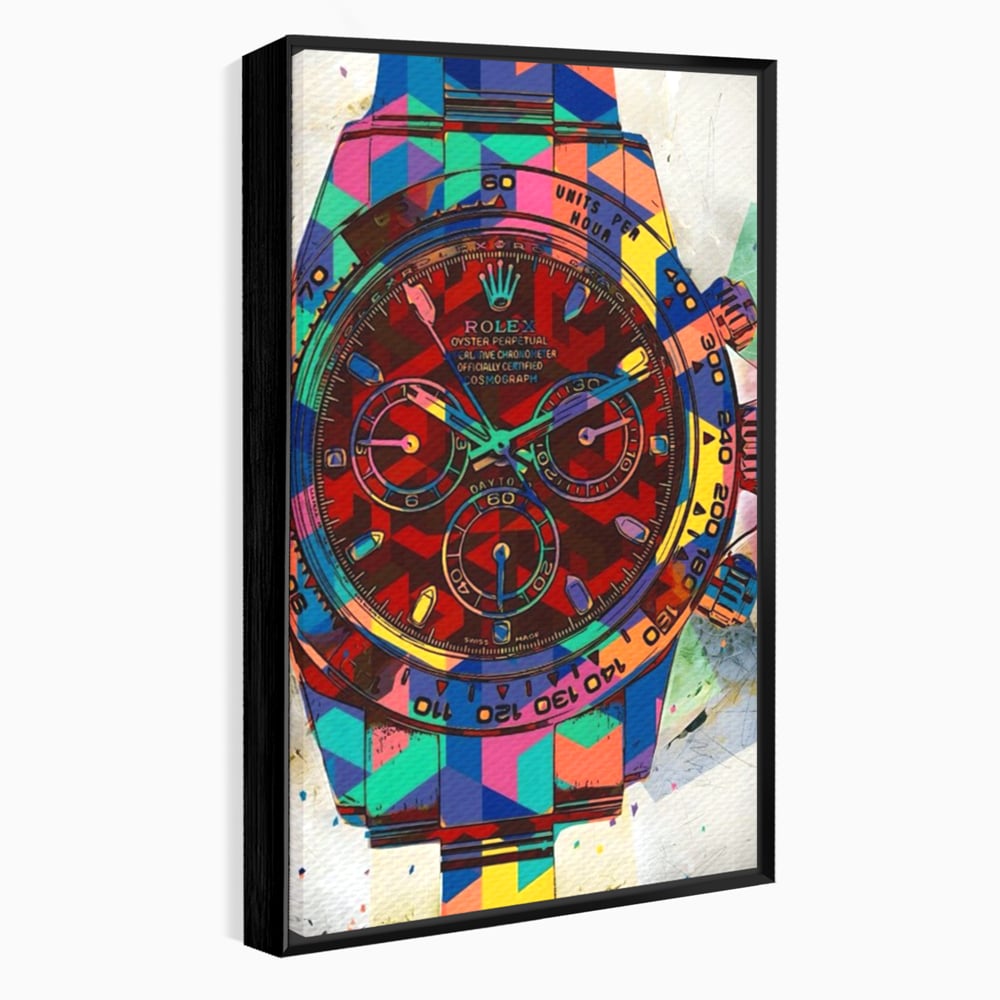 Tablou canvas cu tablou canvas cu ceas colorat tip rolex, in rama de aluminiu negru